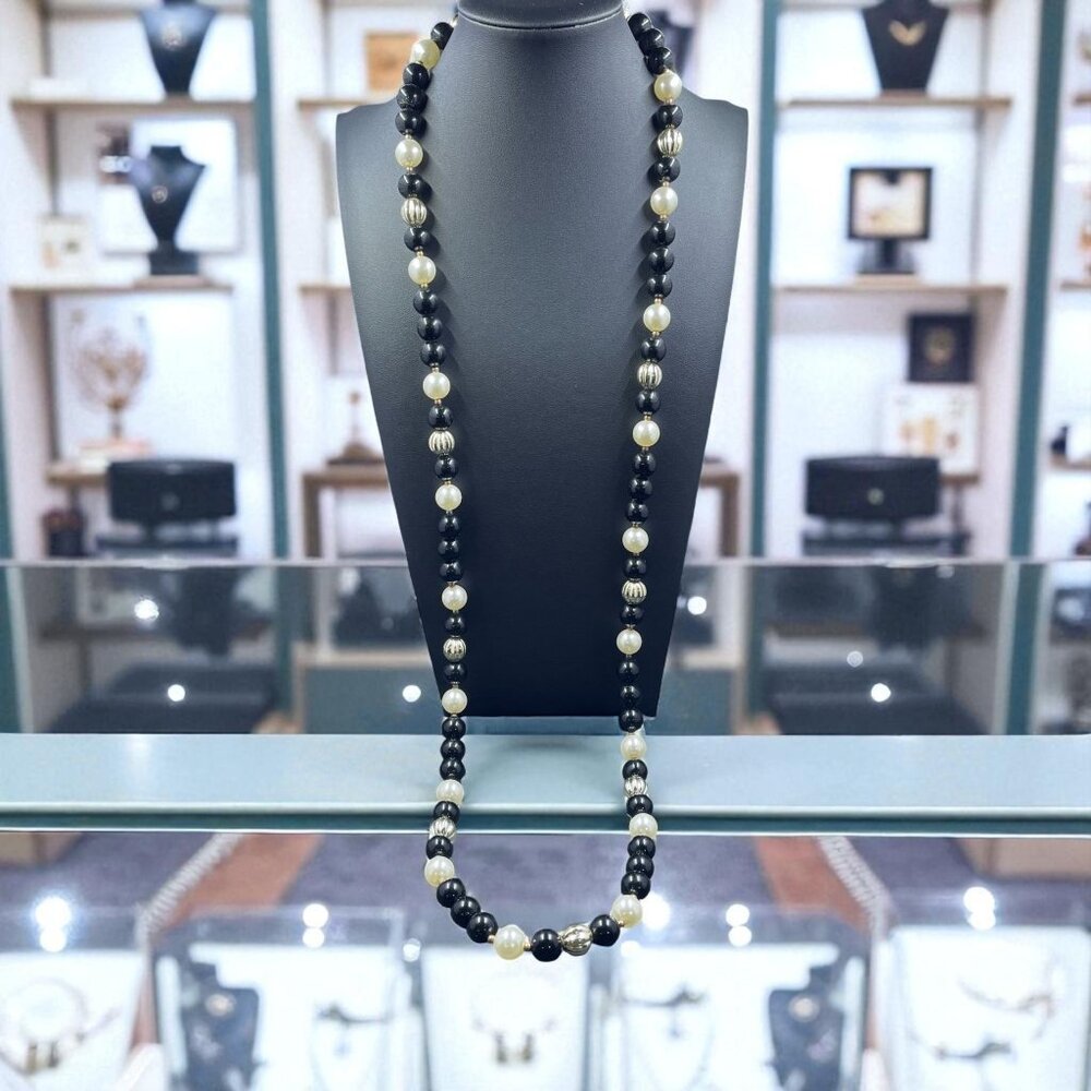 Long Faux Pearl Black Bead Necklace 40 Inch Coquette Retro Glam Elegant‎ Jewelry